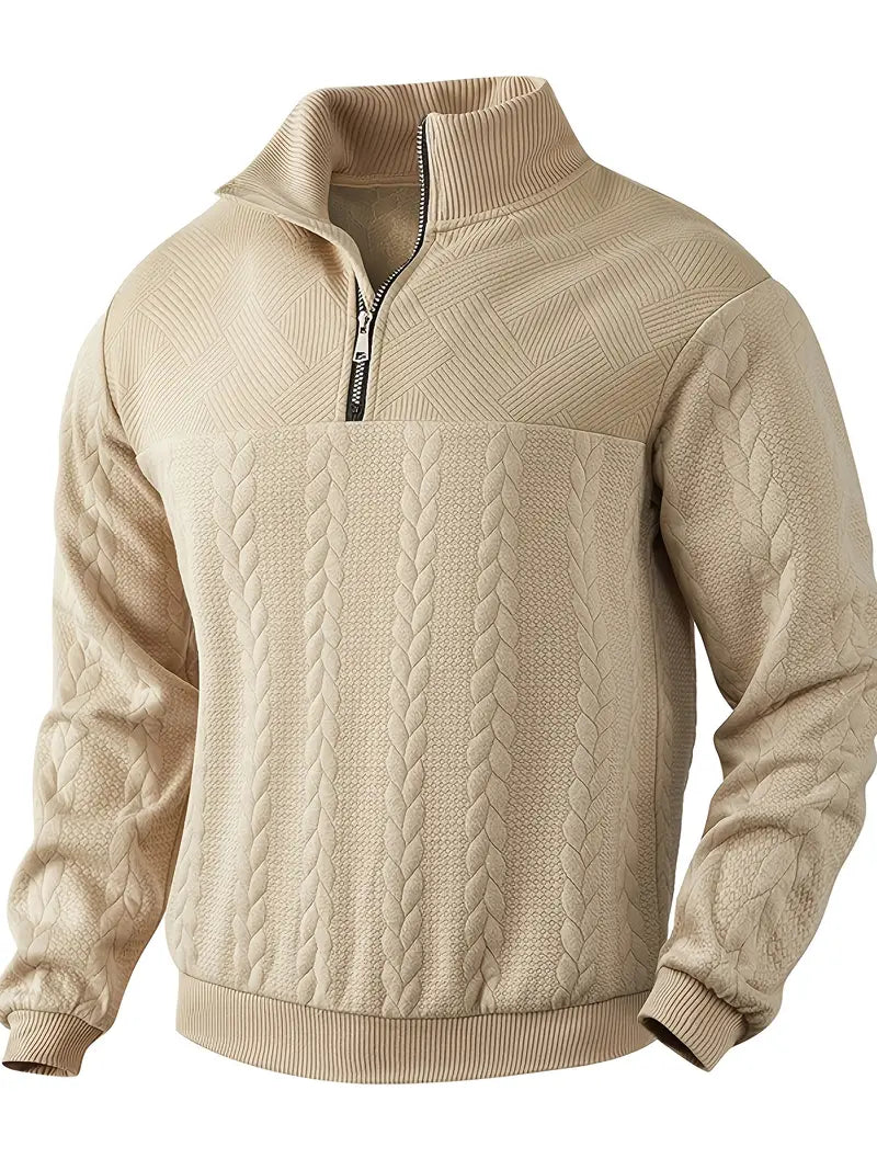 Men's Casual Polyester Sweatshirt with Stand Collar and Zip Detail, Textured Knit Long Sleeve Pullover for All Seasons
