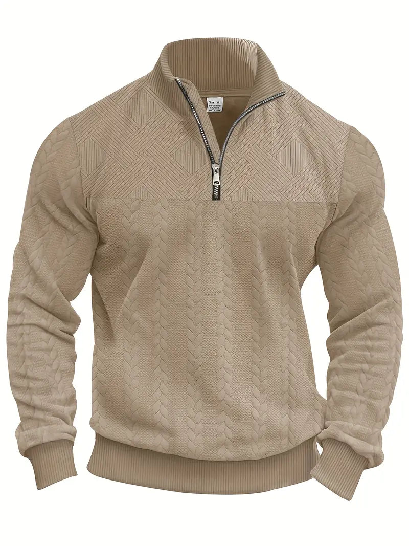 Men's Casual Polyester Sweatshirt with Stand Collar and Zip Detail, Textured Knit Long Sleeve Pullover for All Seasons