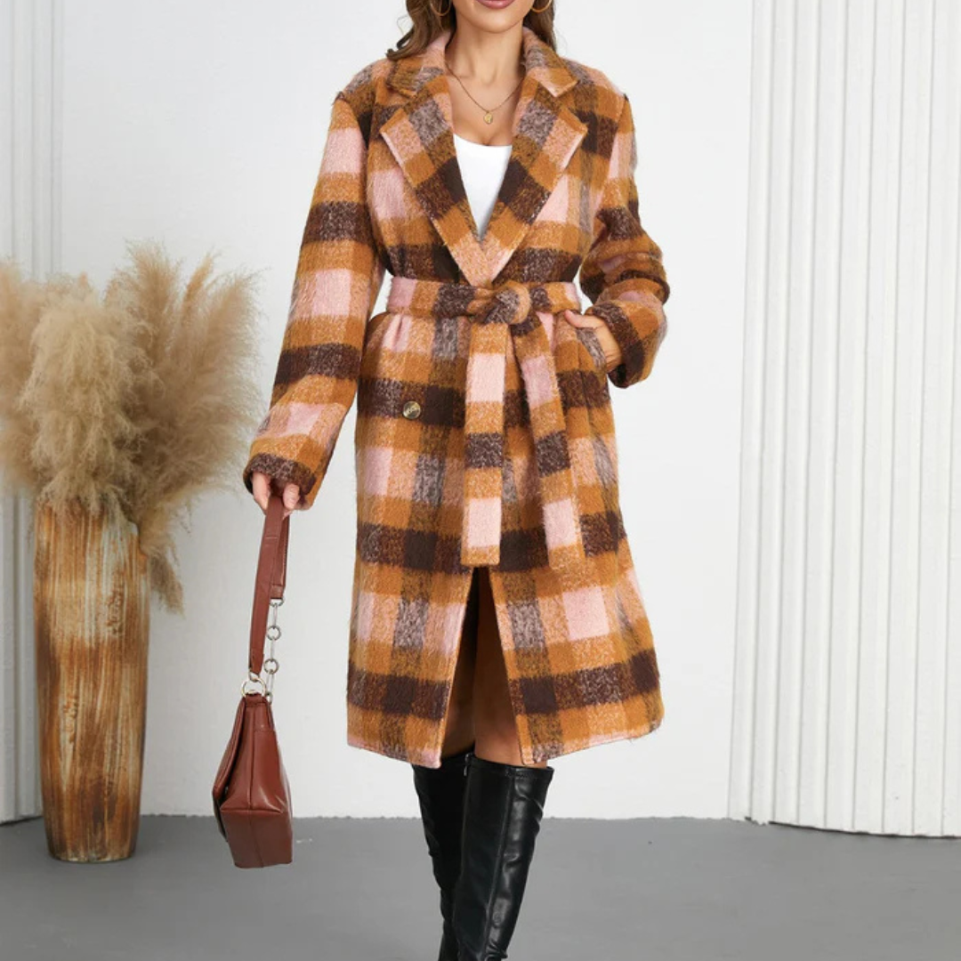 Amelia Check Coat | Checkered Women's Coat with Belt and Collar