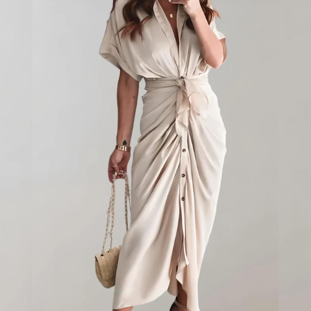 Amelie Midi Dress | Elegant Dress with Three-Quarter Sleeves and Stylish Waistband