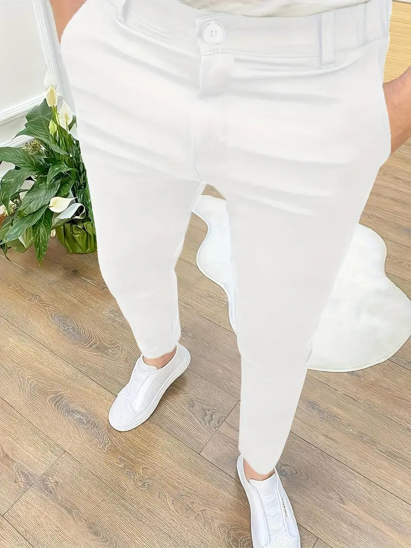 Men's Mid Stretch Slim Fit Solid Business Trousers, Casual Pants for All Seasons Daily Wear